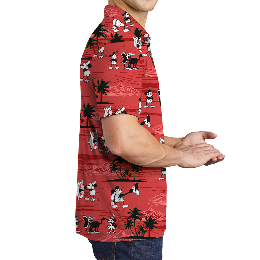 Red Vintage Mickey Steamboat Willie Hawaiian Polo Shirt for Men
