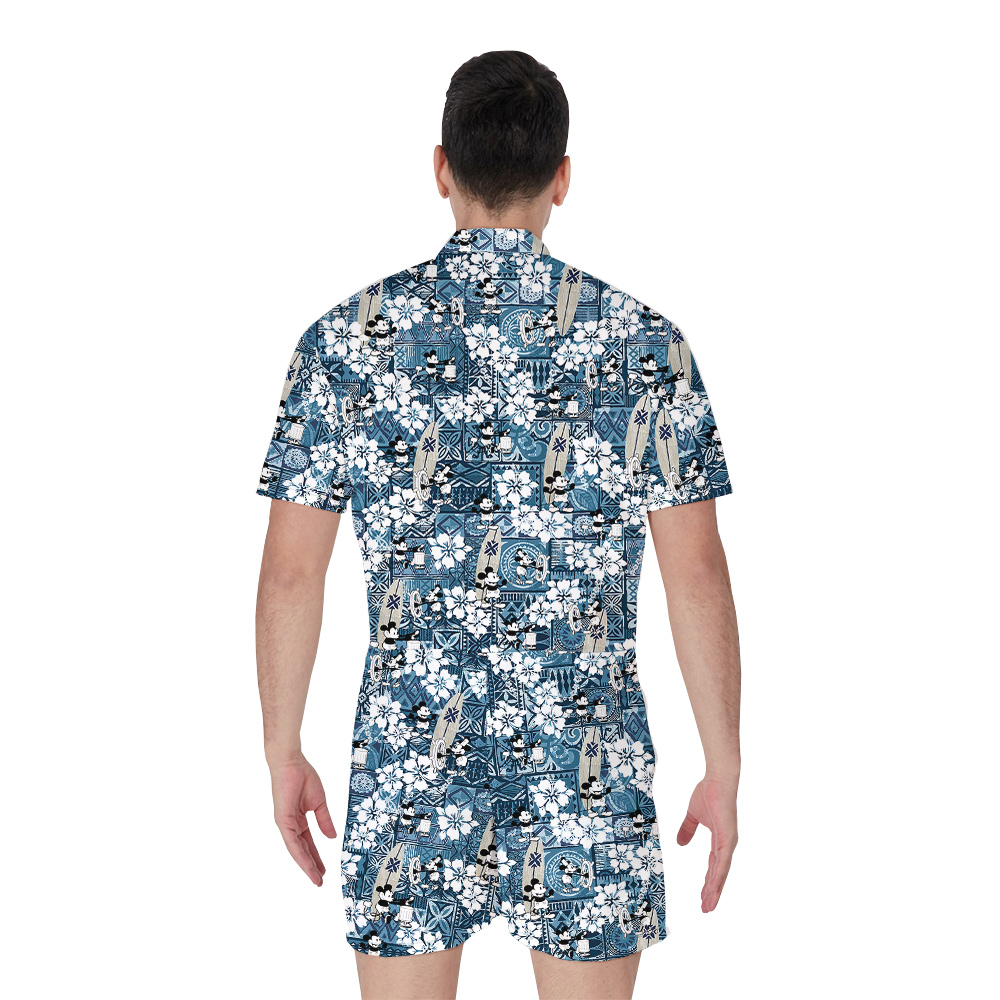 Vintage Mickey Steamboat Willie 1928 Blue Hibiscus Hawaiian Romper For Men