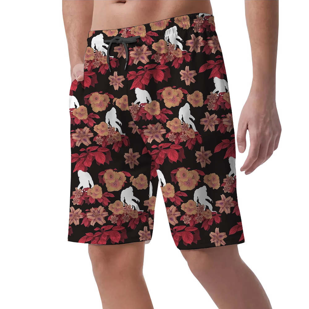Cool Bigfoot Floral Red Hawaiian Summer Shorts For Men