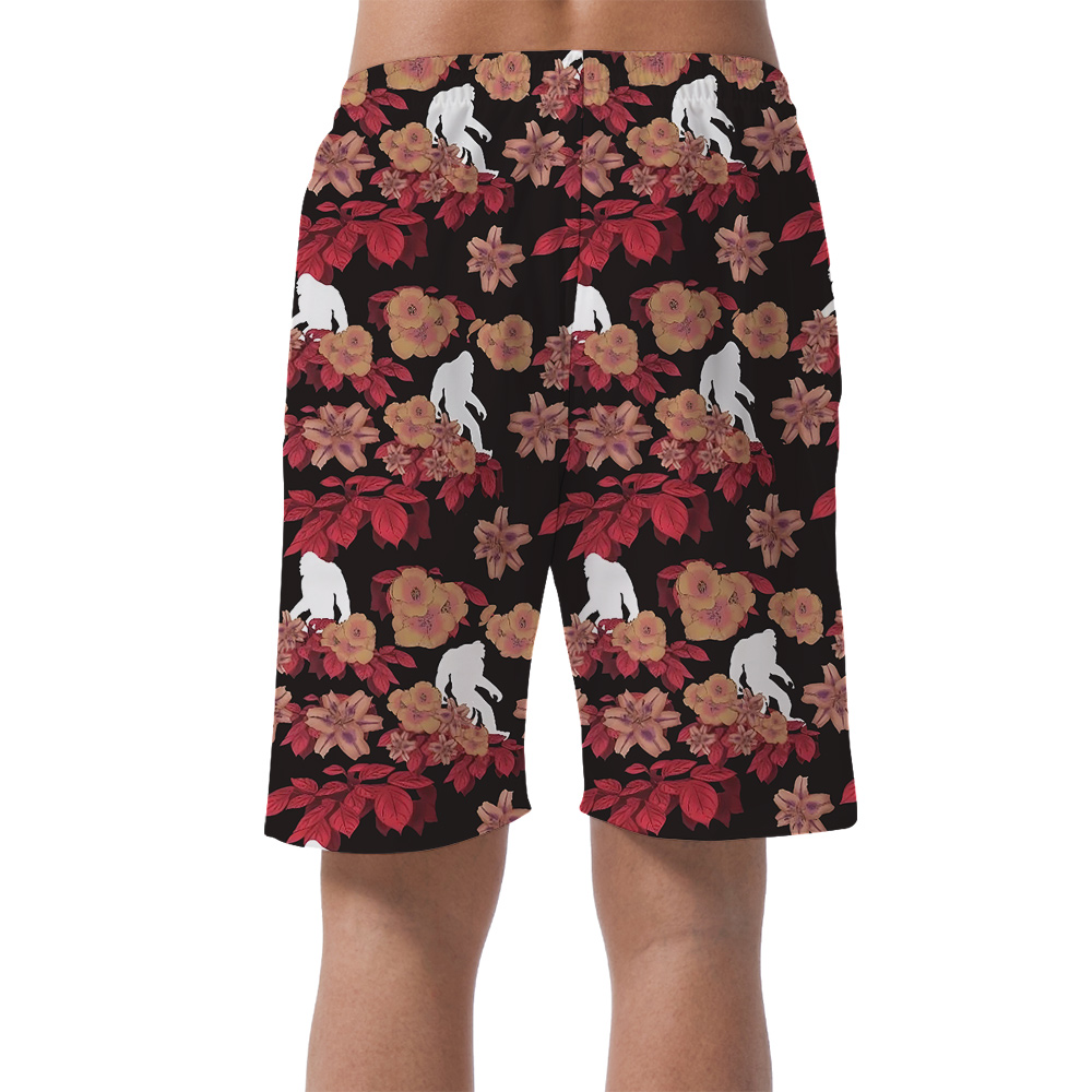 Cool Bigfoot Floral Red Hawaiian Summer Shorts For Men