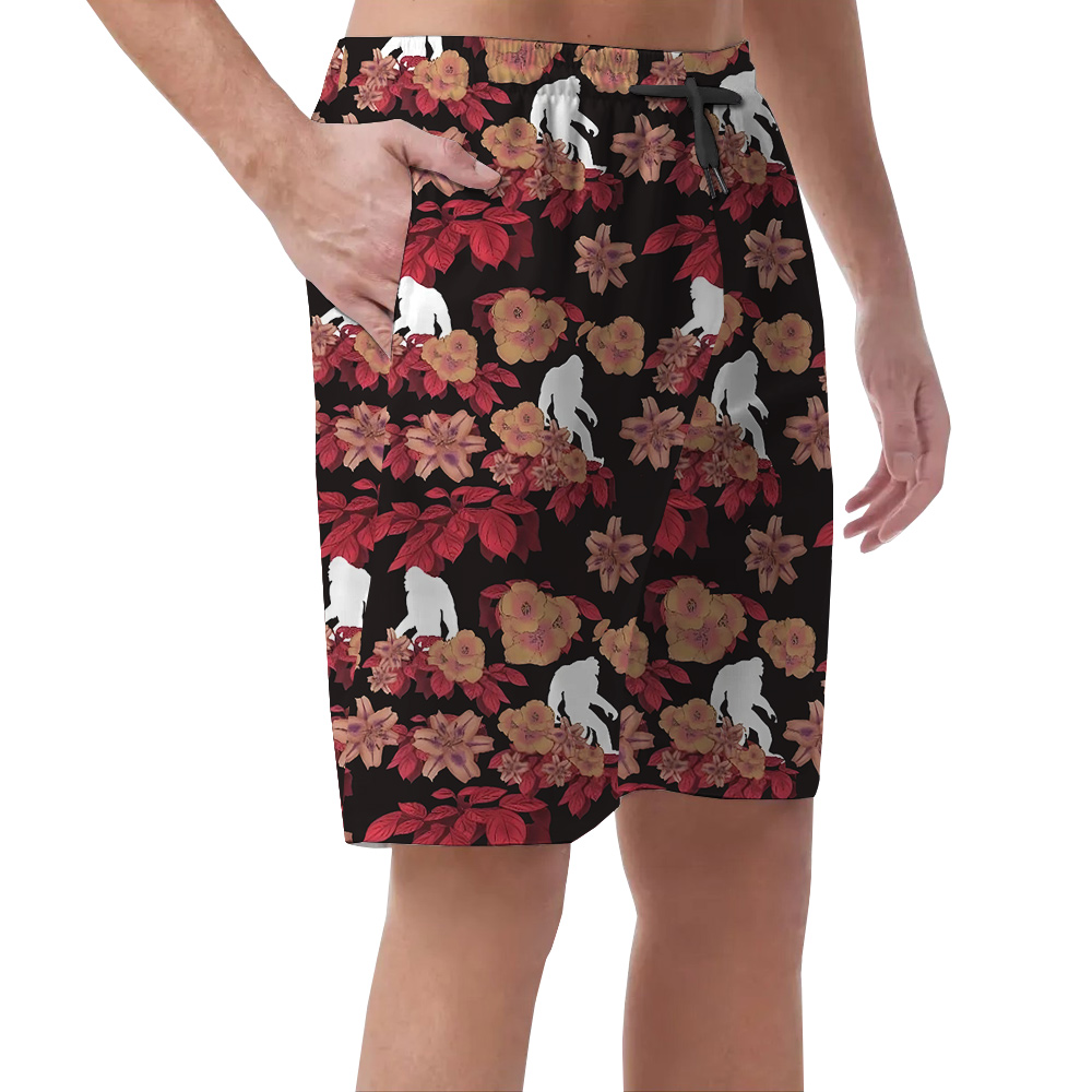 Cool Bigfoot Floral Red Hawaiian Summer Shorts For Men