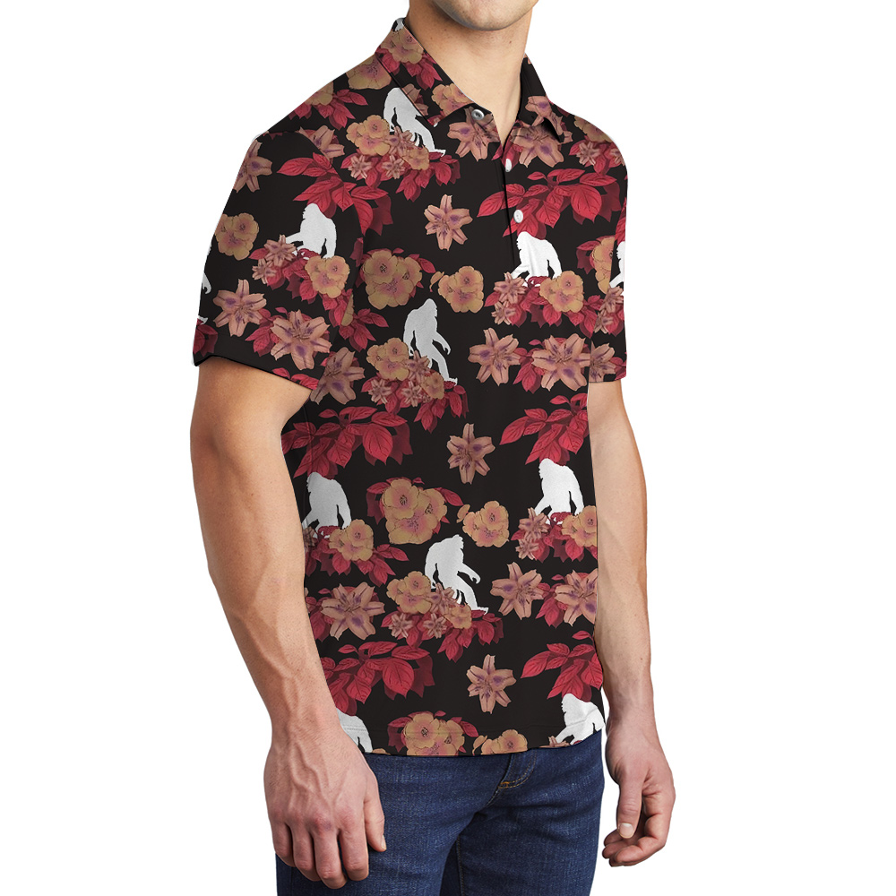 Funny Bigfoot Floral Red Hawaiian Men's Polo Shirt