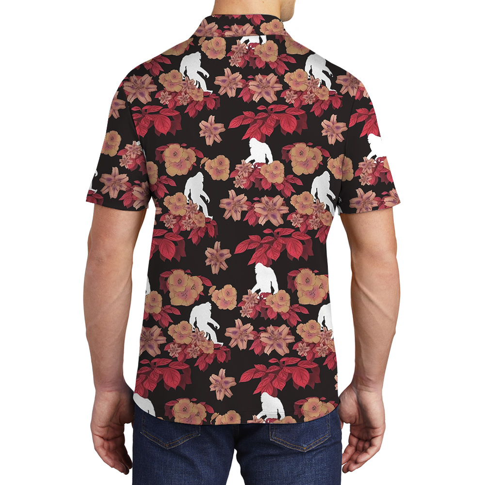 Funny Bigfoot Floral Red Hawaiian Men's Polo Shirt