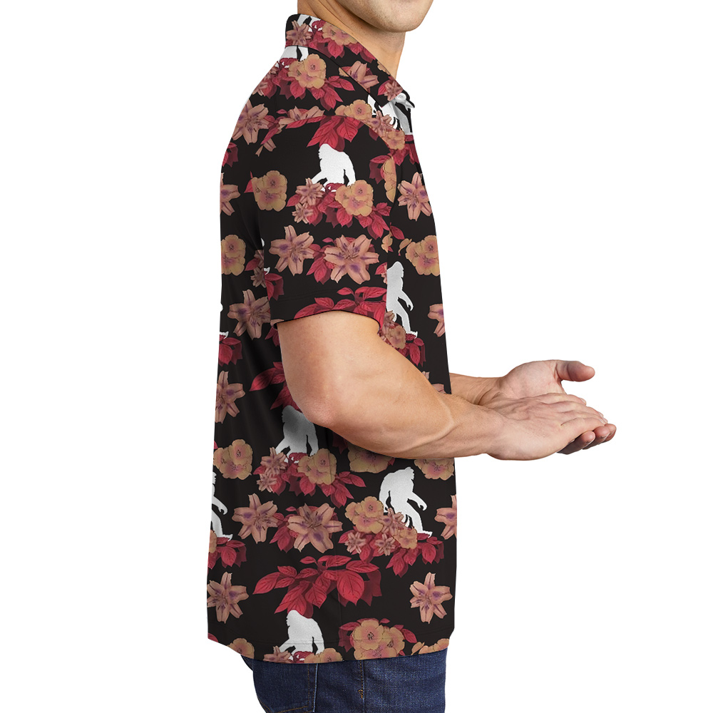 Funny Bigfoot Floral Red Hawaiian Men's Polo Shirt