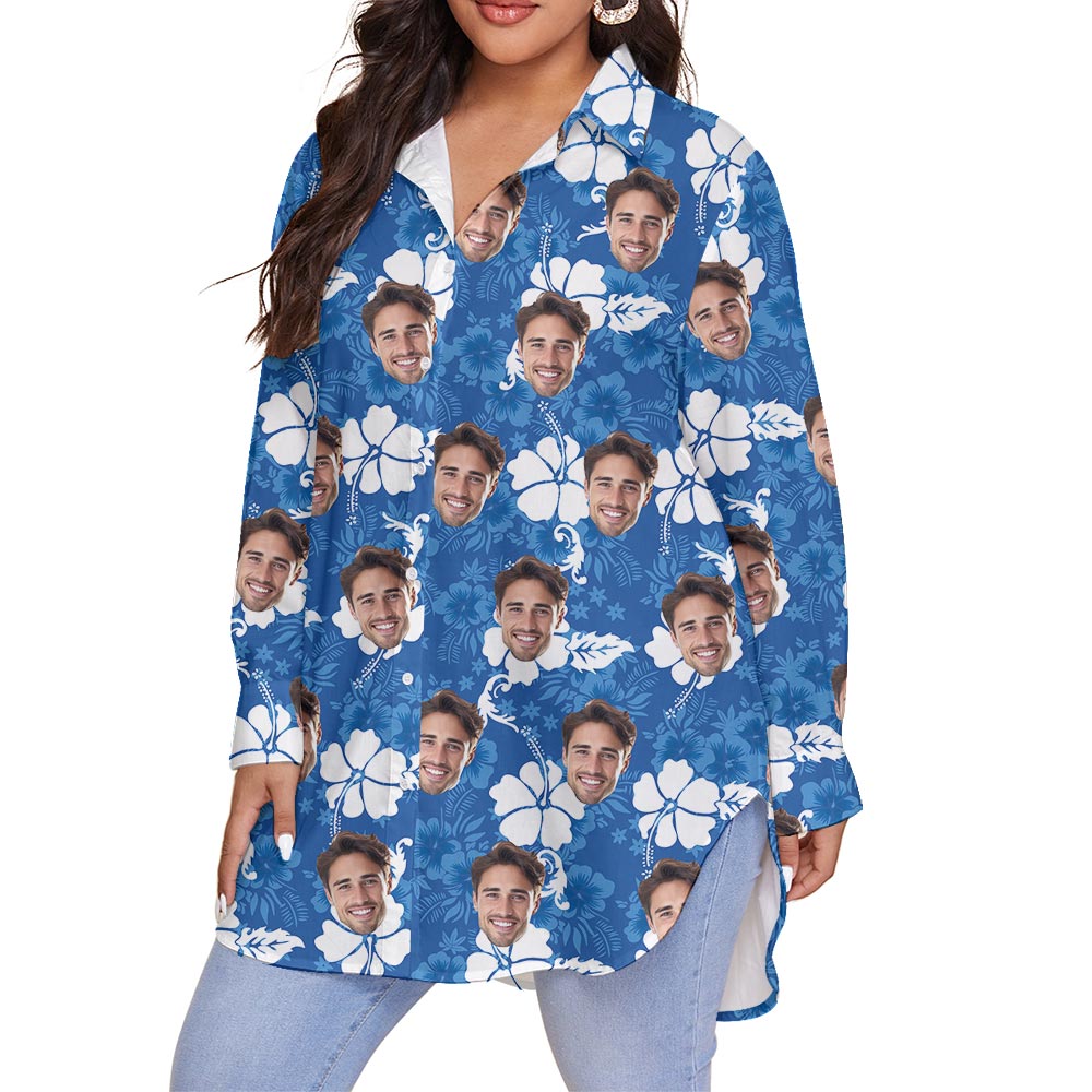 Blue Hibiscus Women's Plus Size Hawaiian Shirt Custom Face