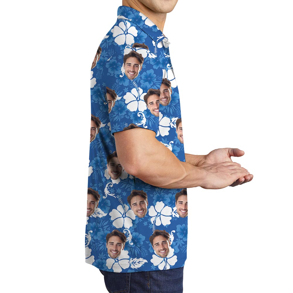 Personalized Face Men's Polo Shirt Blue Hibiscus