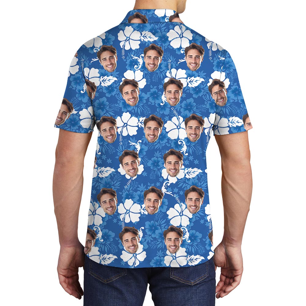Personalized Face Men's Polo Shirt Blue Hibiscus