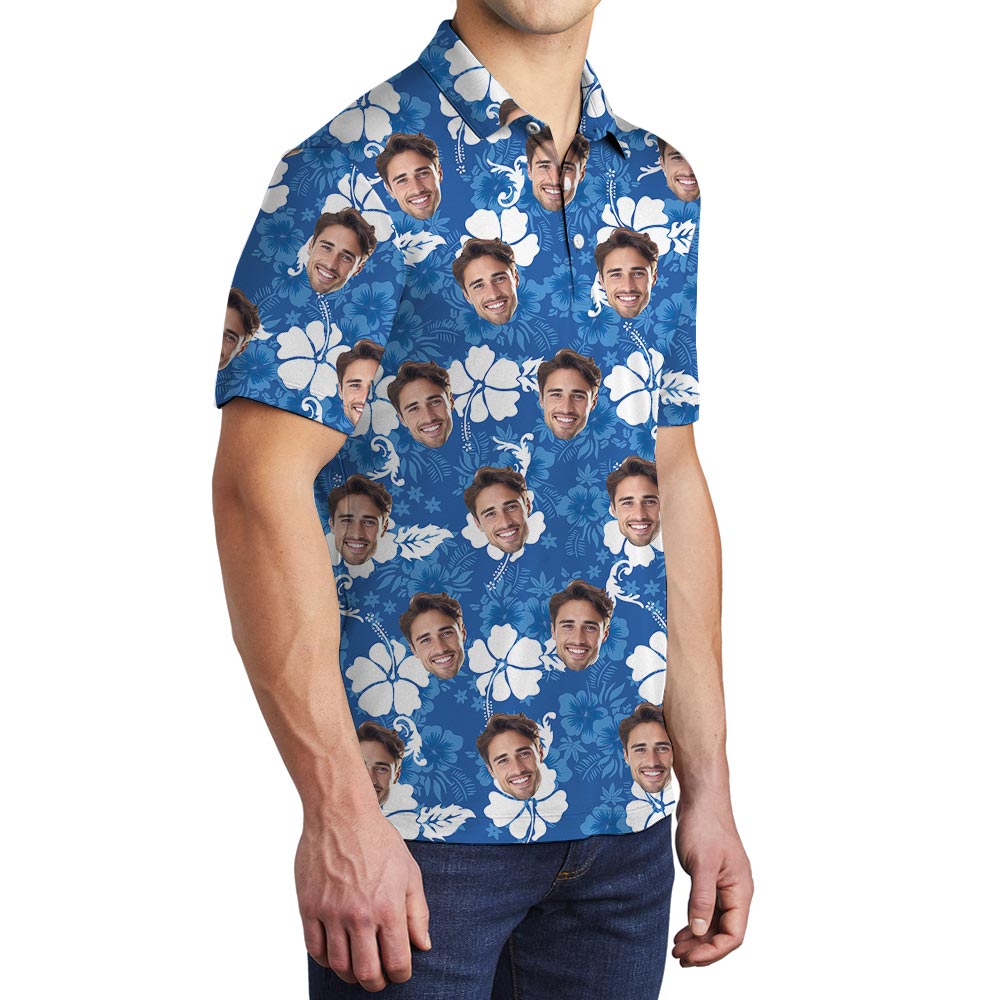 Personalized Face Men's Polo Shirt Blue Hibiscus
