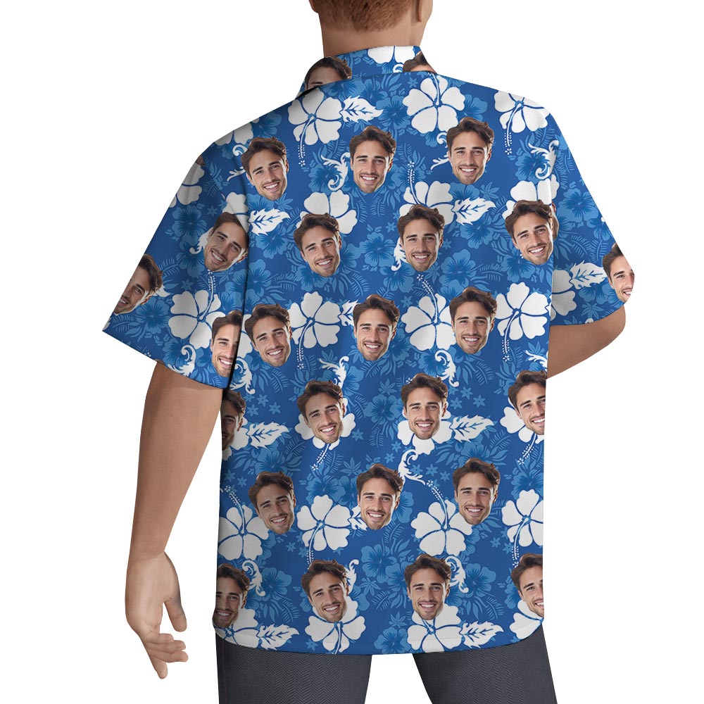 Custom Your Face Blue Hibiscus Aloha Shirt For Men