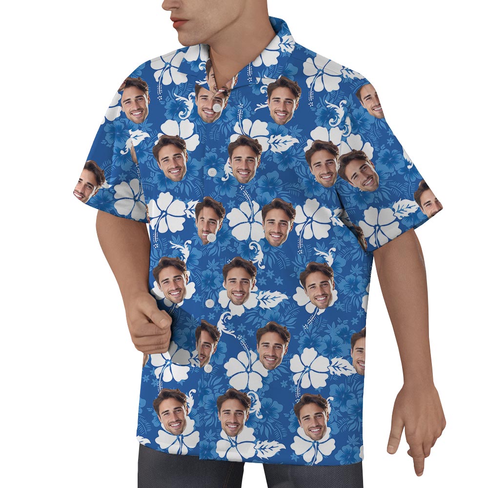 Custom Your Face Blue Hibiscus Aloha Shirt For Men