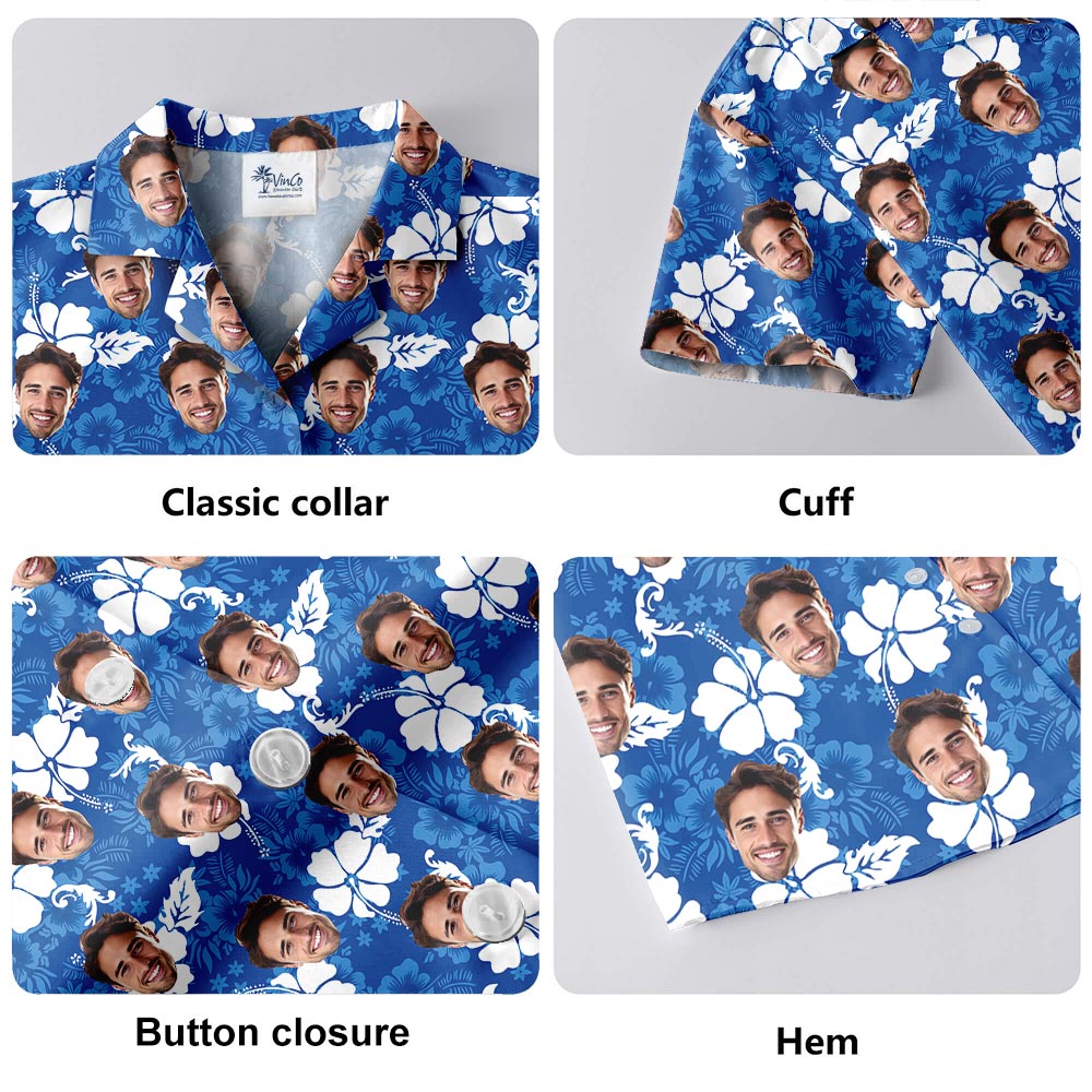 Custom Your Face Blue Hibiscus Aloha Shirt For Men