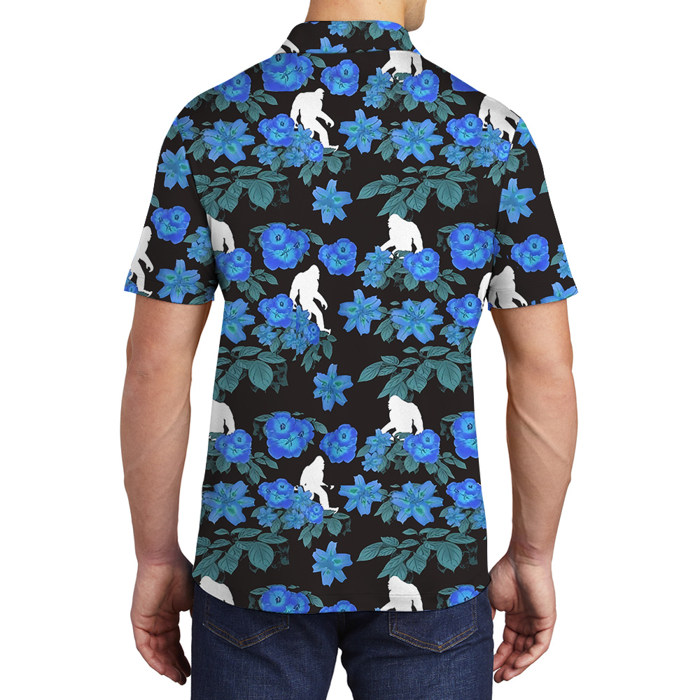 Cool Bigfoot Blue Floral Hawaiian Polo Golf Shirt For Men