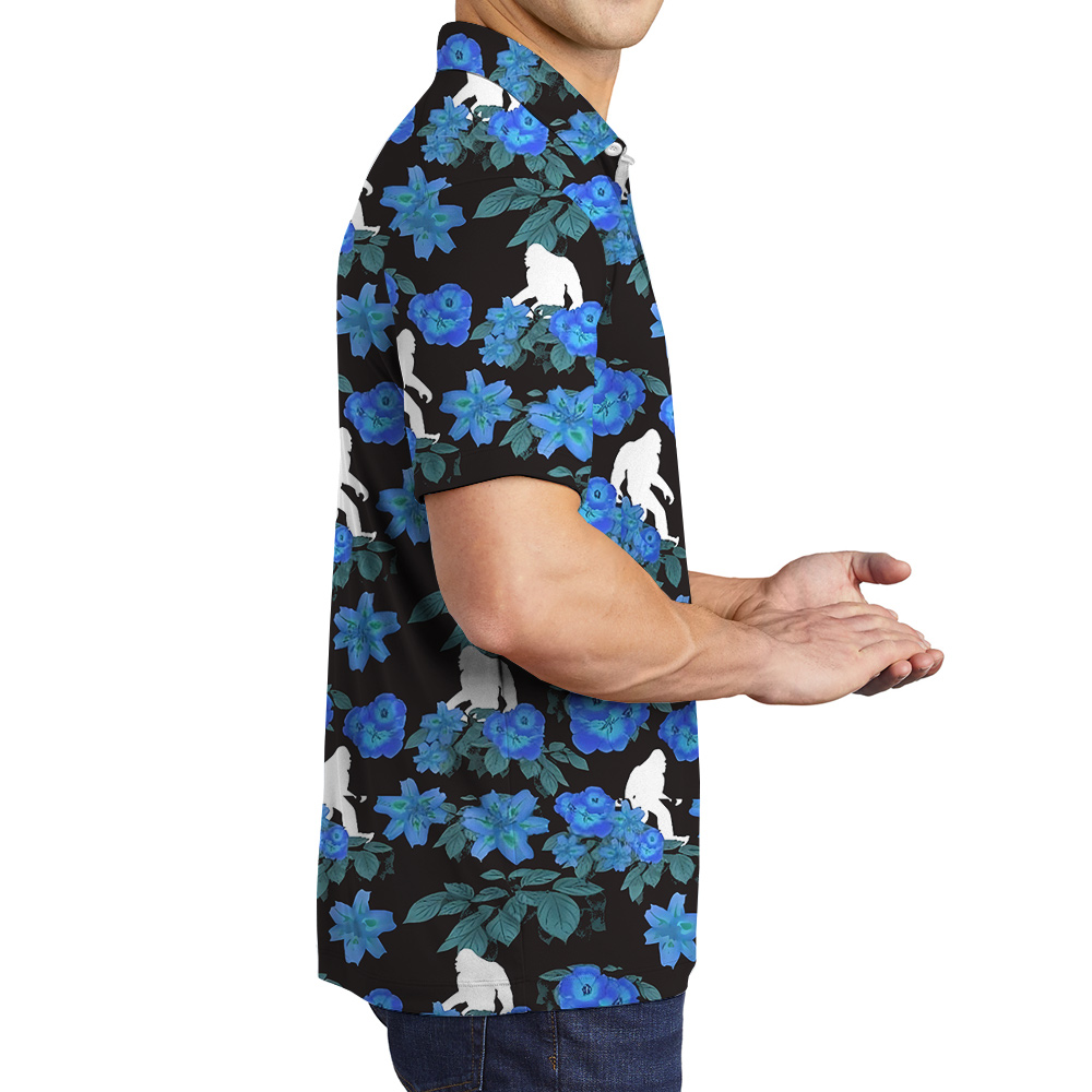 Cool Bigfoot Blue Floral Hawaiian Polo Golf Shirt For Men