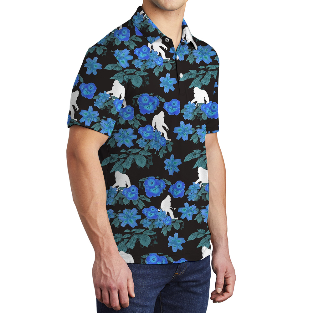 Cool Bigfoot Blue Floral Hawaiian Polo Golf Shirt For Men