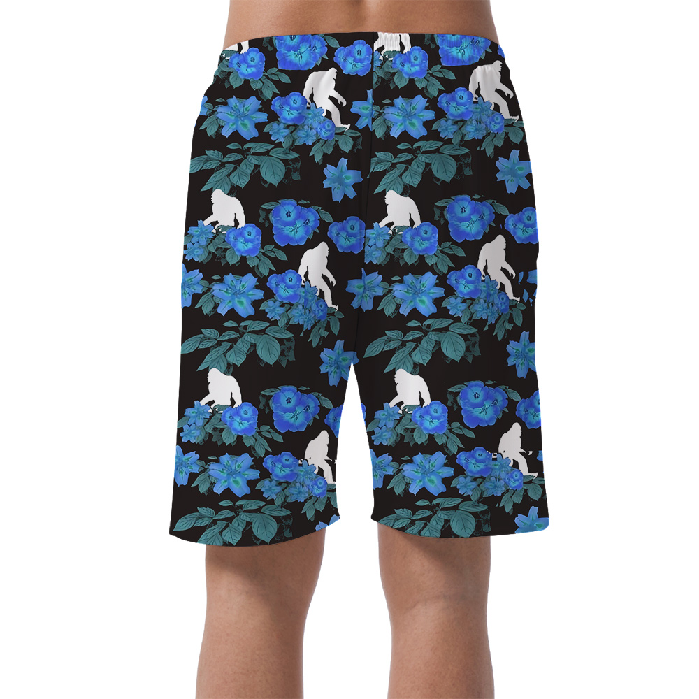 Blue Floral Sasquatch Hawaiian Summer Beach Shorts For Men