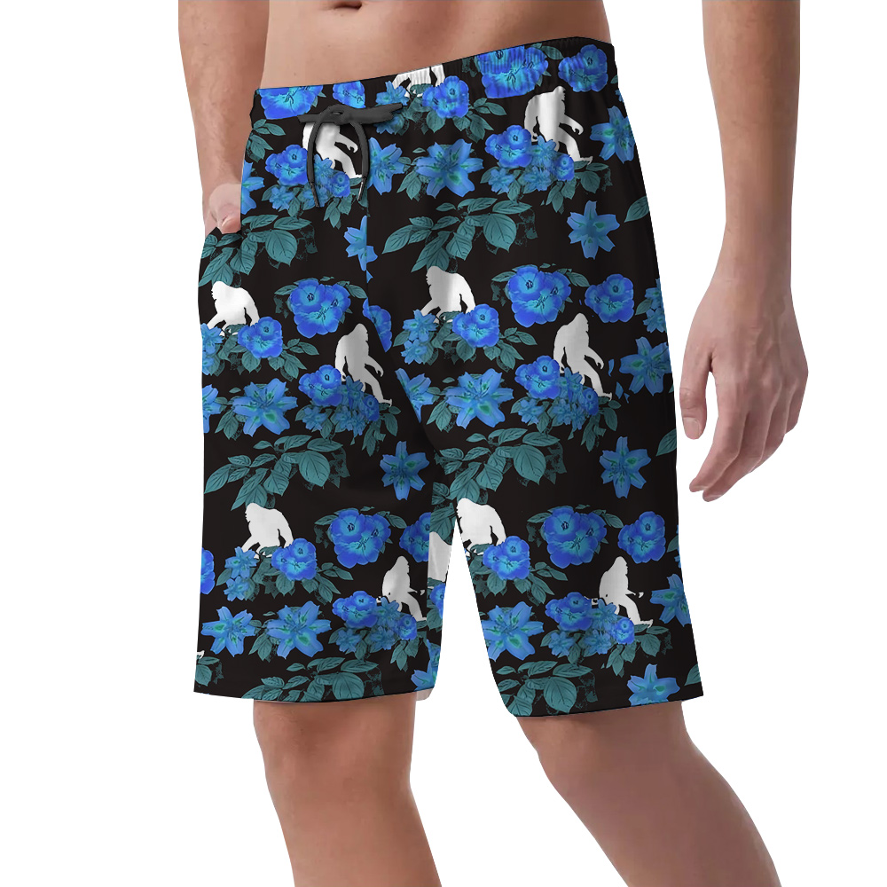 Blue Floral Sasquatch Hawaiian Summer Beach Shorts For Men
