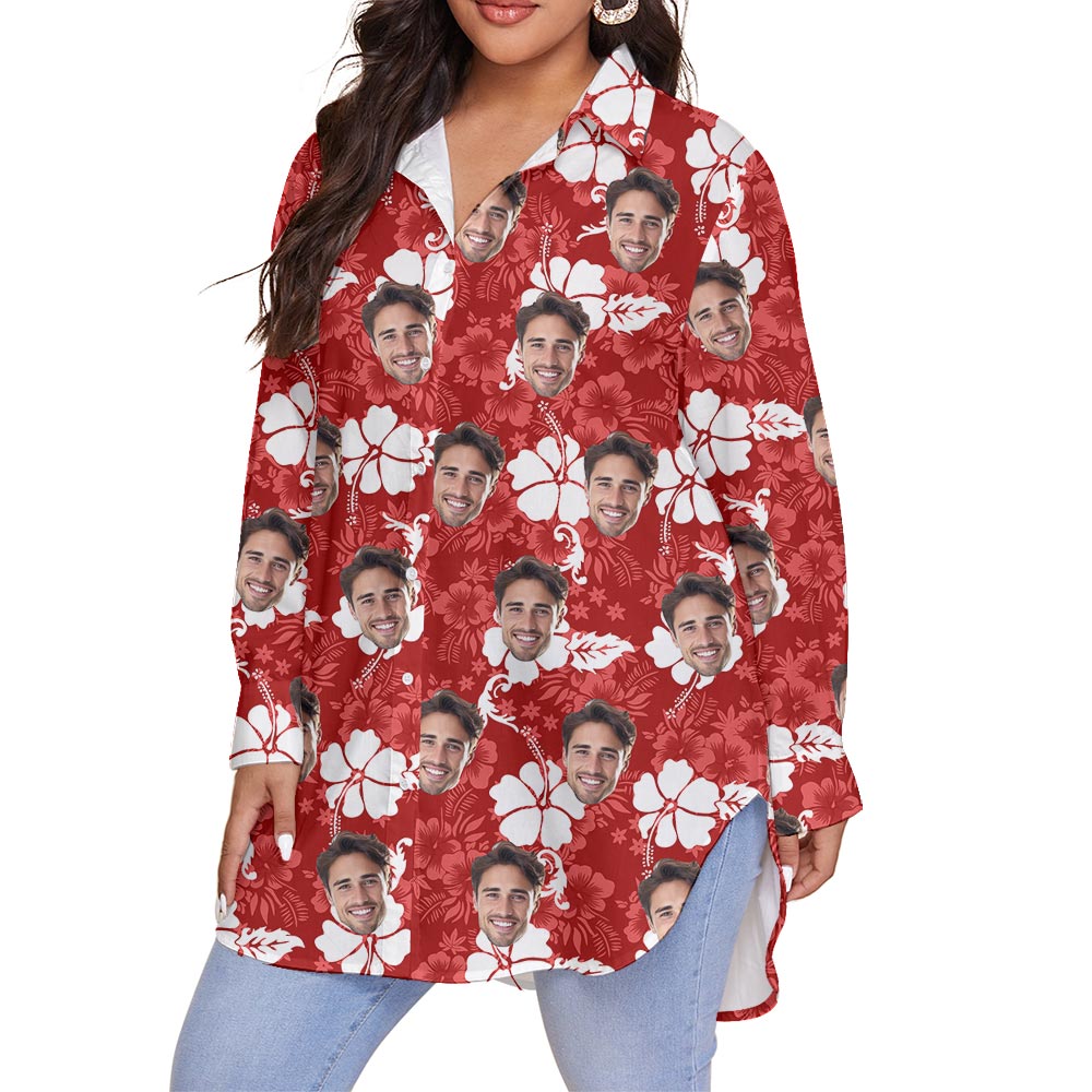 Red Personalized Women's Plus Size Hawaiian Shirt With Multiple Faces