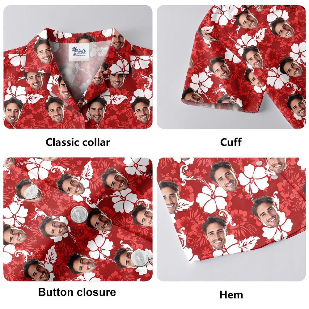 Custom Face Red Hibiscus Button Up Shirt For Men