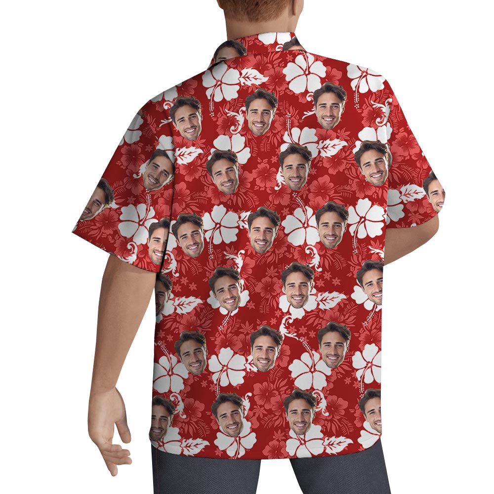 Custom Face Red Hibiscus Button Up Shirt For Men