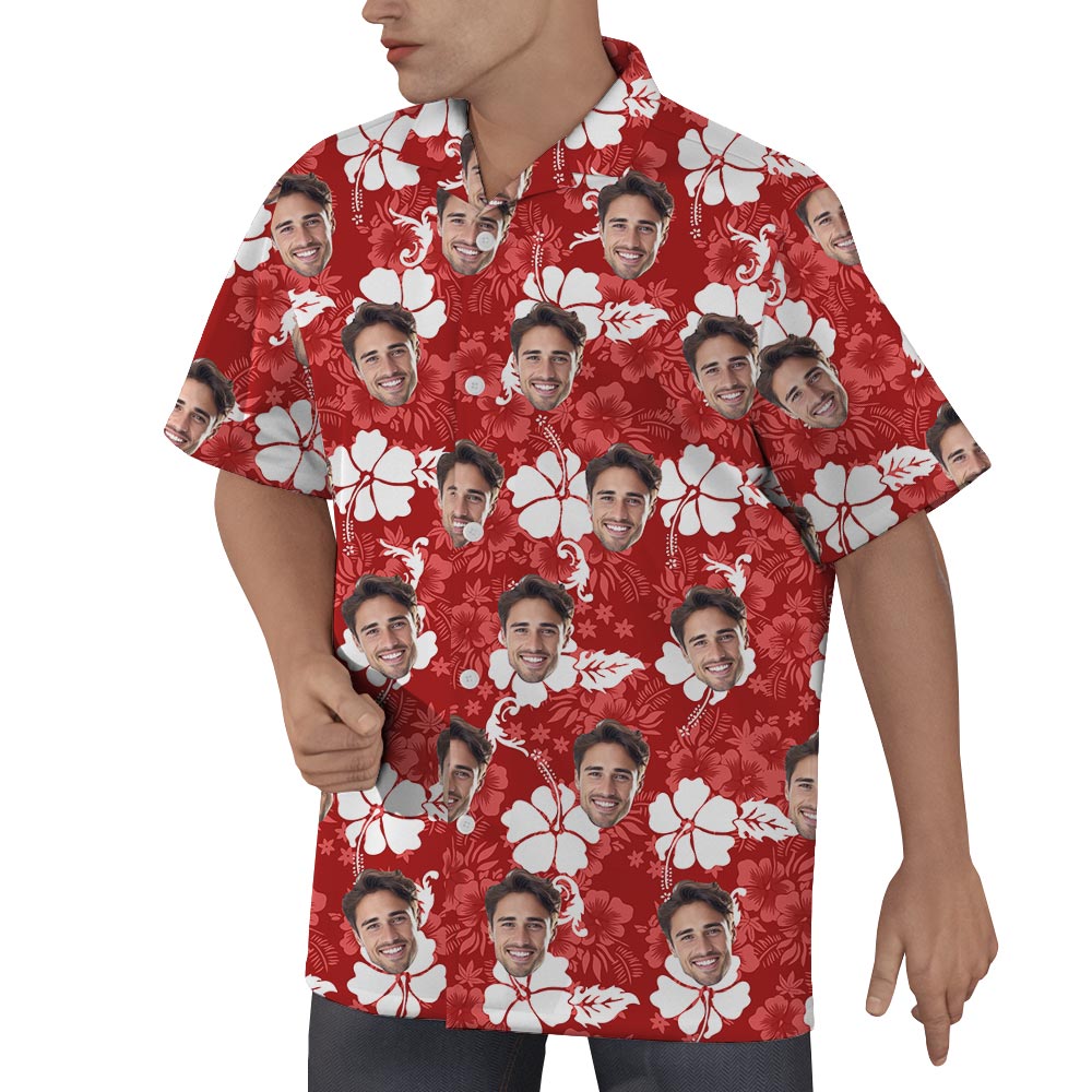 Custom Face Red Hibiscus Button Up Shirt For Men