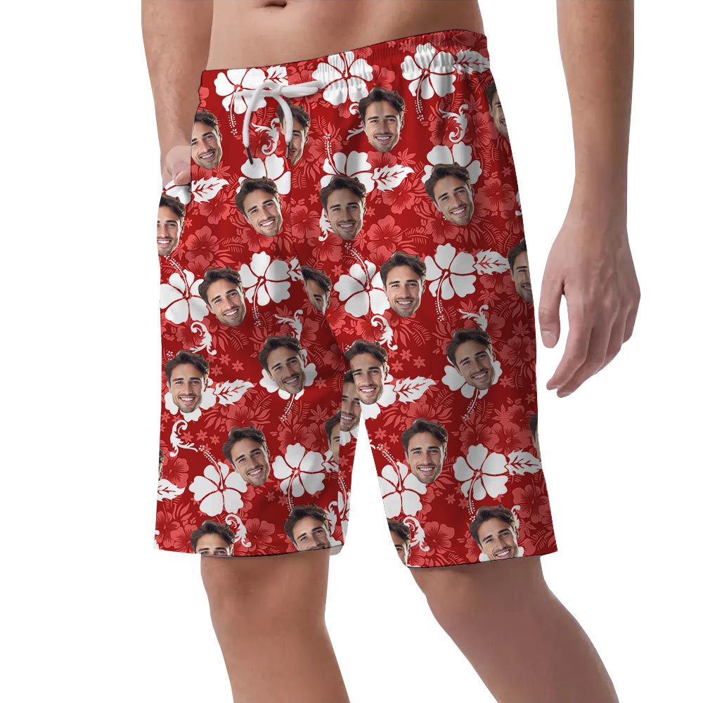 Personalized Faces Men's Beach Shorts Red Hibiscus