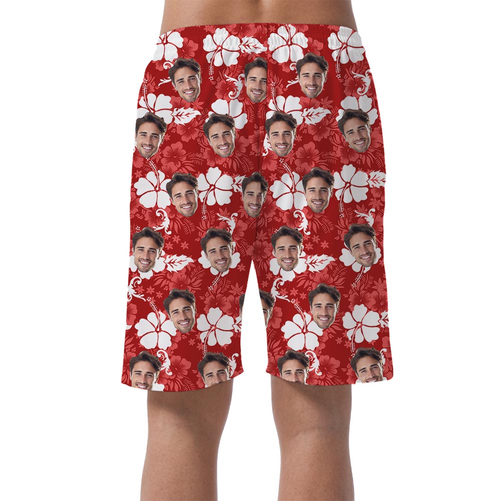 Personalized Faces Men's Beach Shorts Red Hibiscus