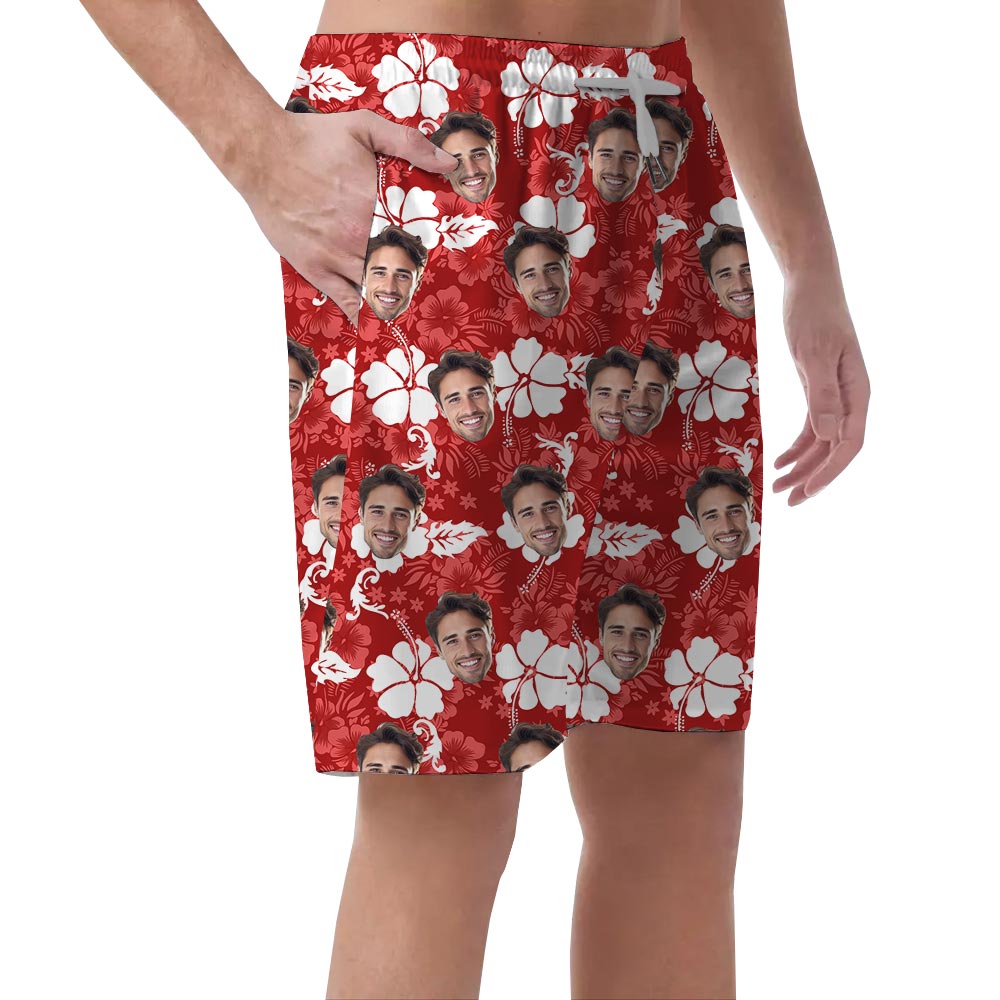 Personalized Faces Men's Beach Shorts Red Hibiscus