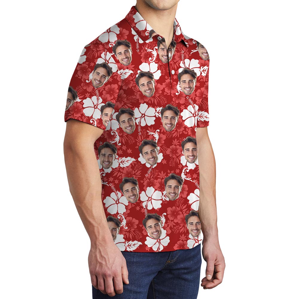 Red Hibiscus Custom Hawaiian Polo Shirt With Multiple Faces