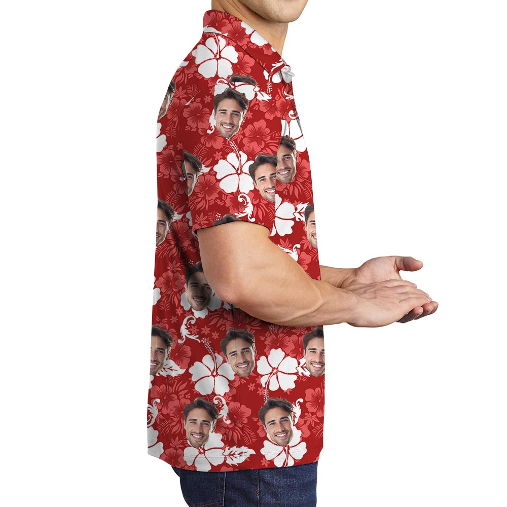 Red Hibiscus Custom Hawaiian Polo Shirt With Multiple Faces