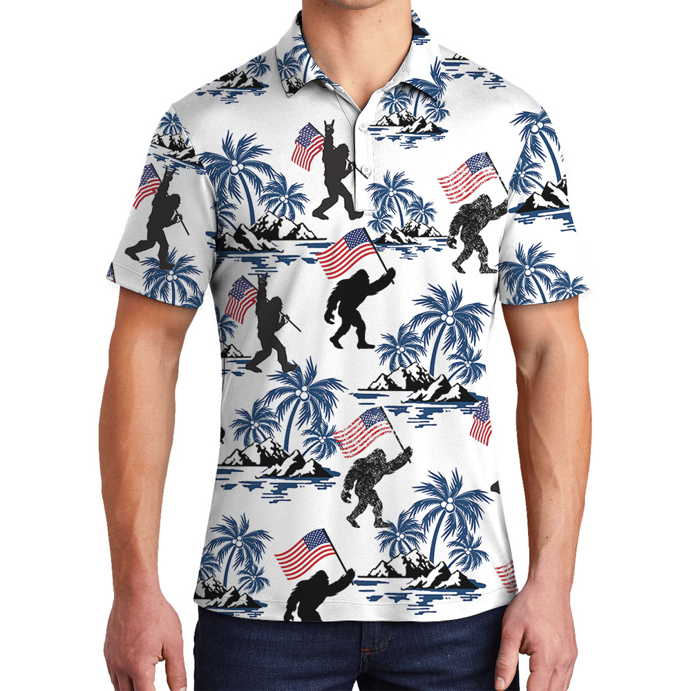 Bigfoot American Flag Patriotic Palm Trees Hawaiian Polo Shirt - variant image 1