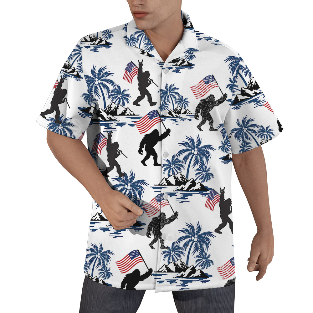 Patriotic Bigfoot American Flag Tropical Hawaiian Shirt - variant image 1
