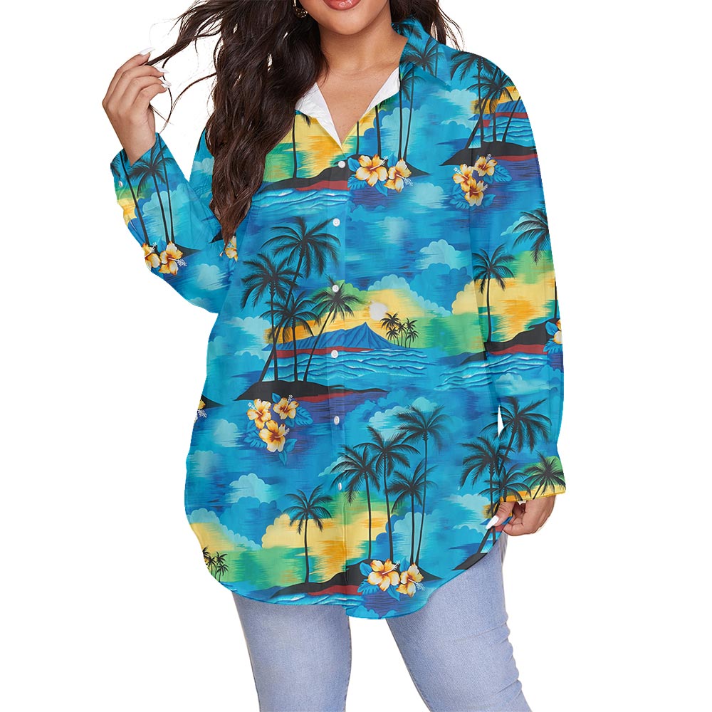 Blue Beach Palm Tree Plus Size Hawaiian Shirt For Women - variant image 1