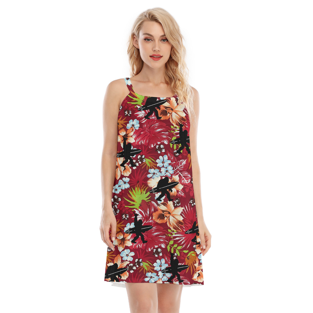 Funny Bigfoot Surfing Tropical Red Hawaiian Dress For Women - variant image 1