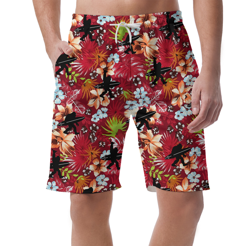 Tropical Bigfoot With Surfing Board Red Hawaiian Beach Shorts For Men - variant image 1