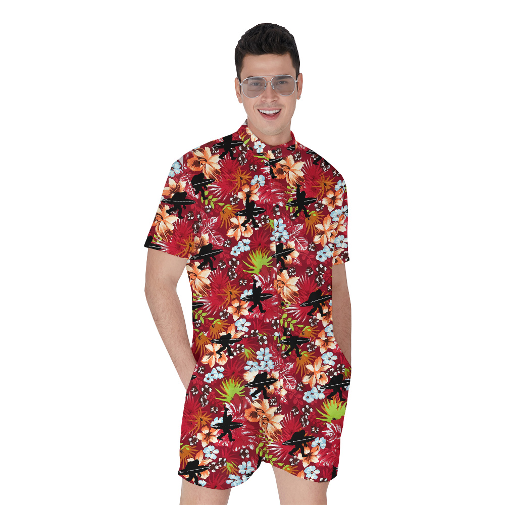 Surfing Sasquatch Tropical Red Hawaiian Romper For Men - variant image 1