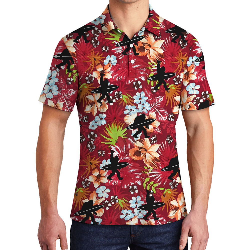 Tropical Bigfoot Surfing Red Hawaiian Polo Shirt For Men - variant image 1