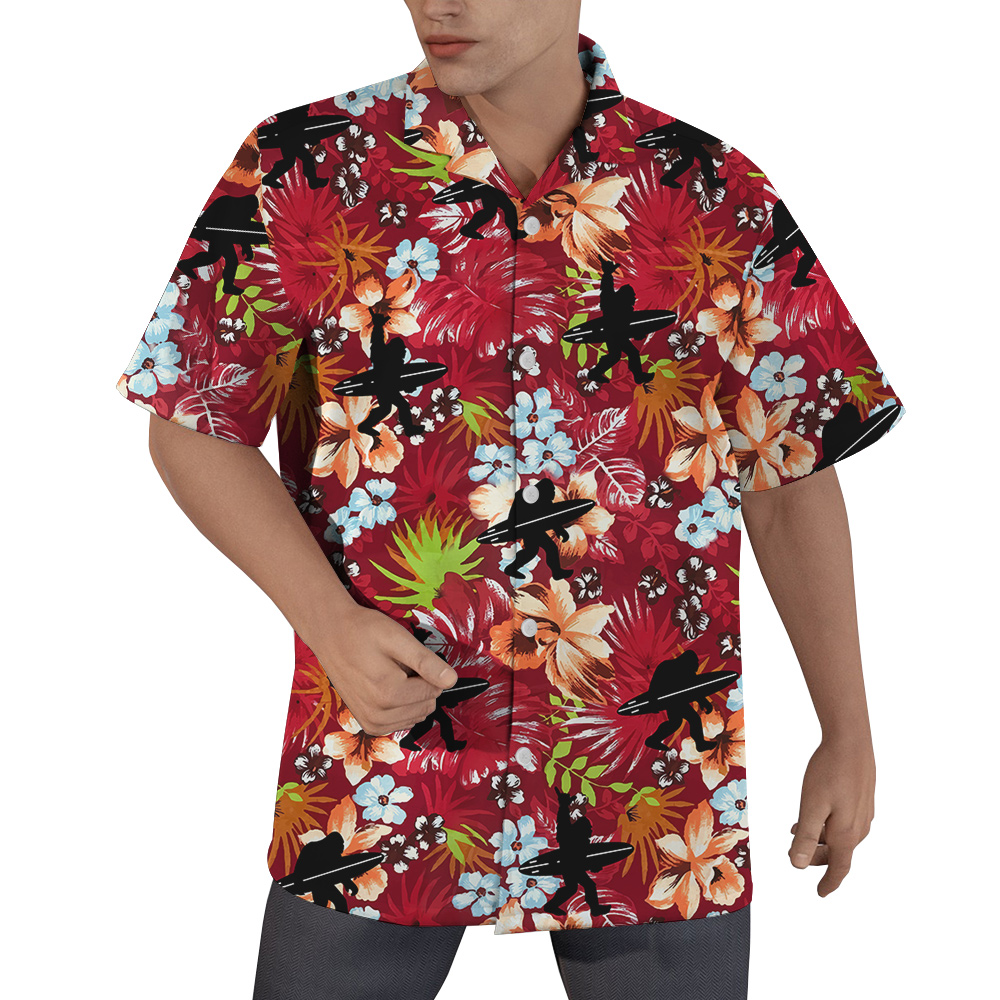 Bigfoot Surfing Tropical Red Hawaiian Shirt - variant image 1
