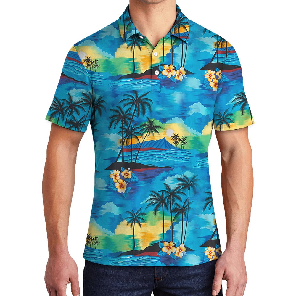 Vintage Blue Beach Aloha Polo Shirt For Men - variant image 1