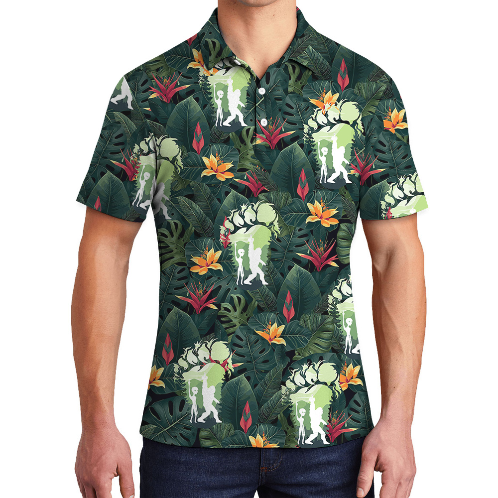 Cool Bigfoot And Alien Tropical Hawaiian Polo Shirt For Men - variant image 1
