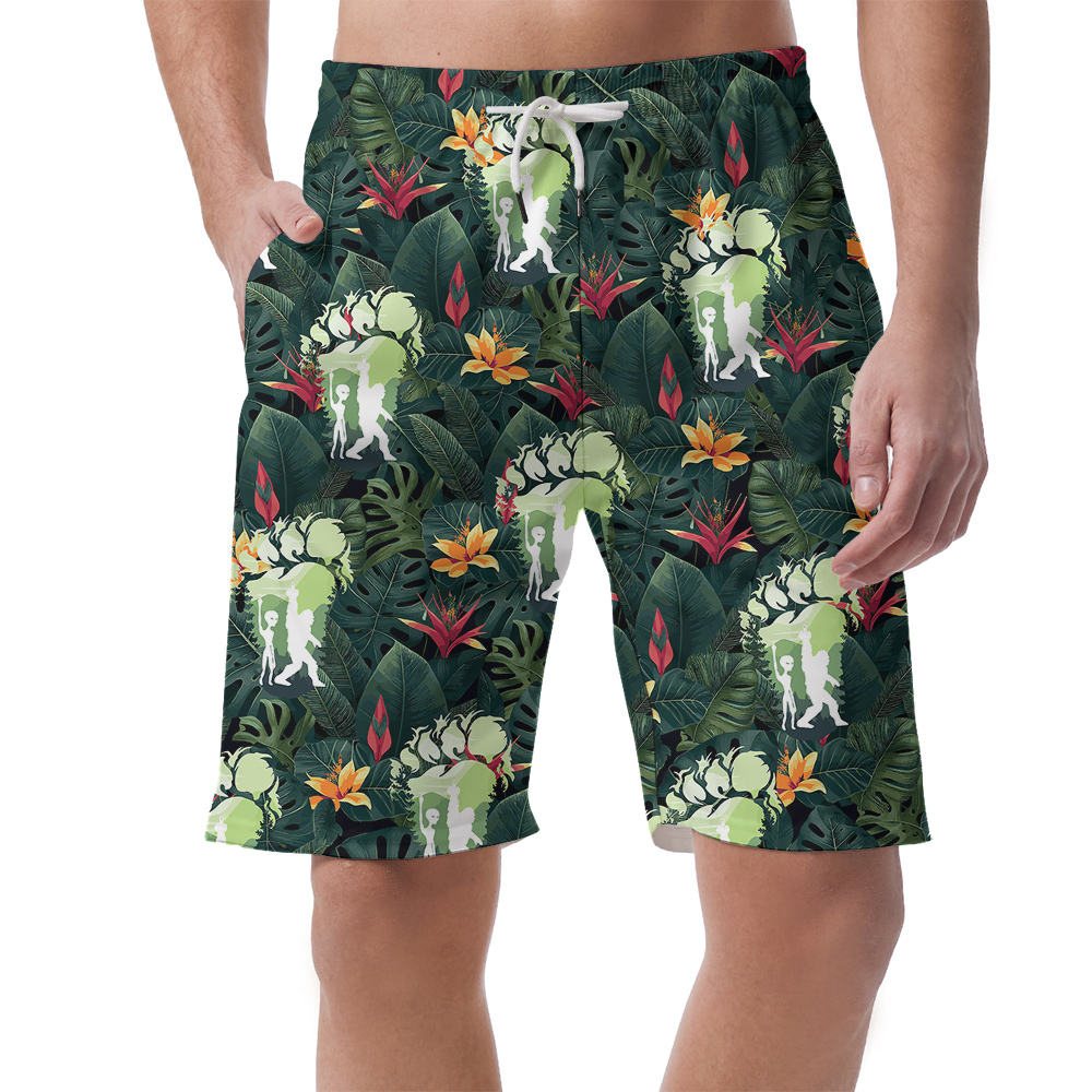 Funny Sasquatch Alien Tropical Green Hawaiian Beach Shorts For Men - variant image 1