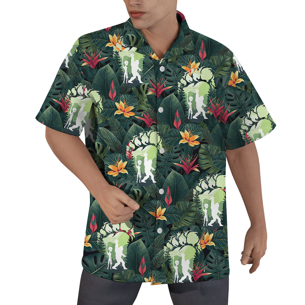Bigfoot And Alien Tropical Green Hawaiian Shirt - variant image 1