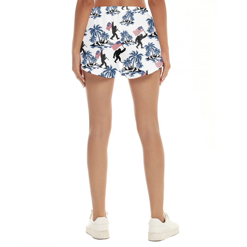 Cool Patriotic Sasquatch Blue Palm Trees Hawaiian Beach Shorts For Women