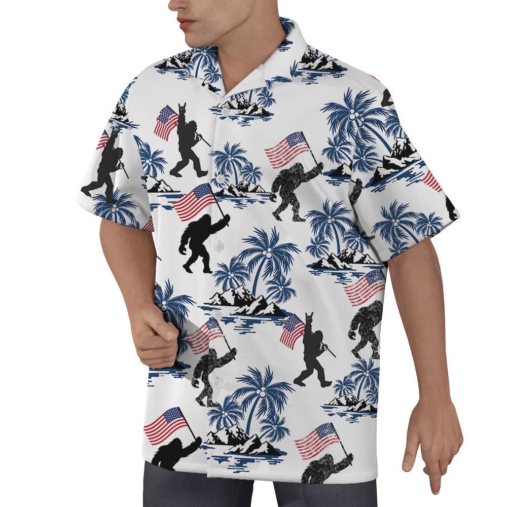 Patriotic Bigfoot American Flag Tropical Hawaiian Shirt