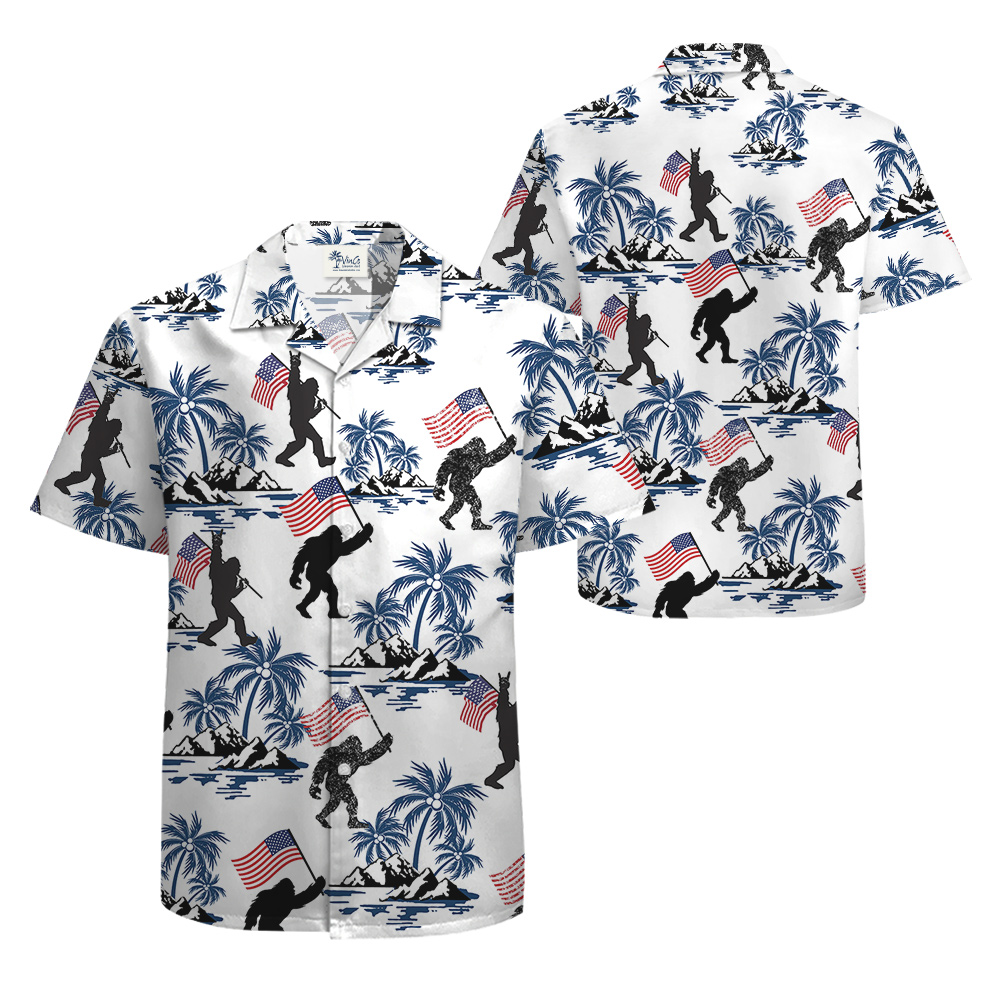 Patriotic Bigfoot American Flag Tropical Hawaiian Shirt