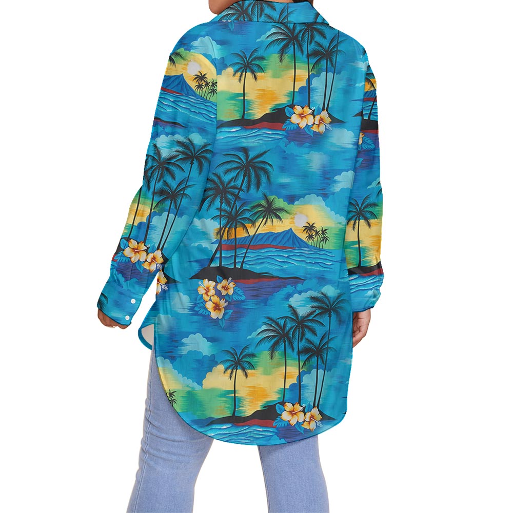 Blue Beach Palm Tree Plus Size Hawaiian Shirt For Women