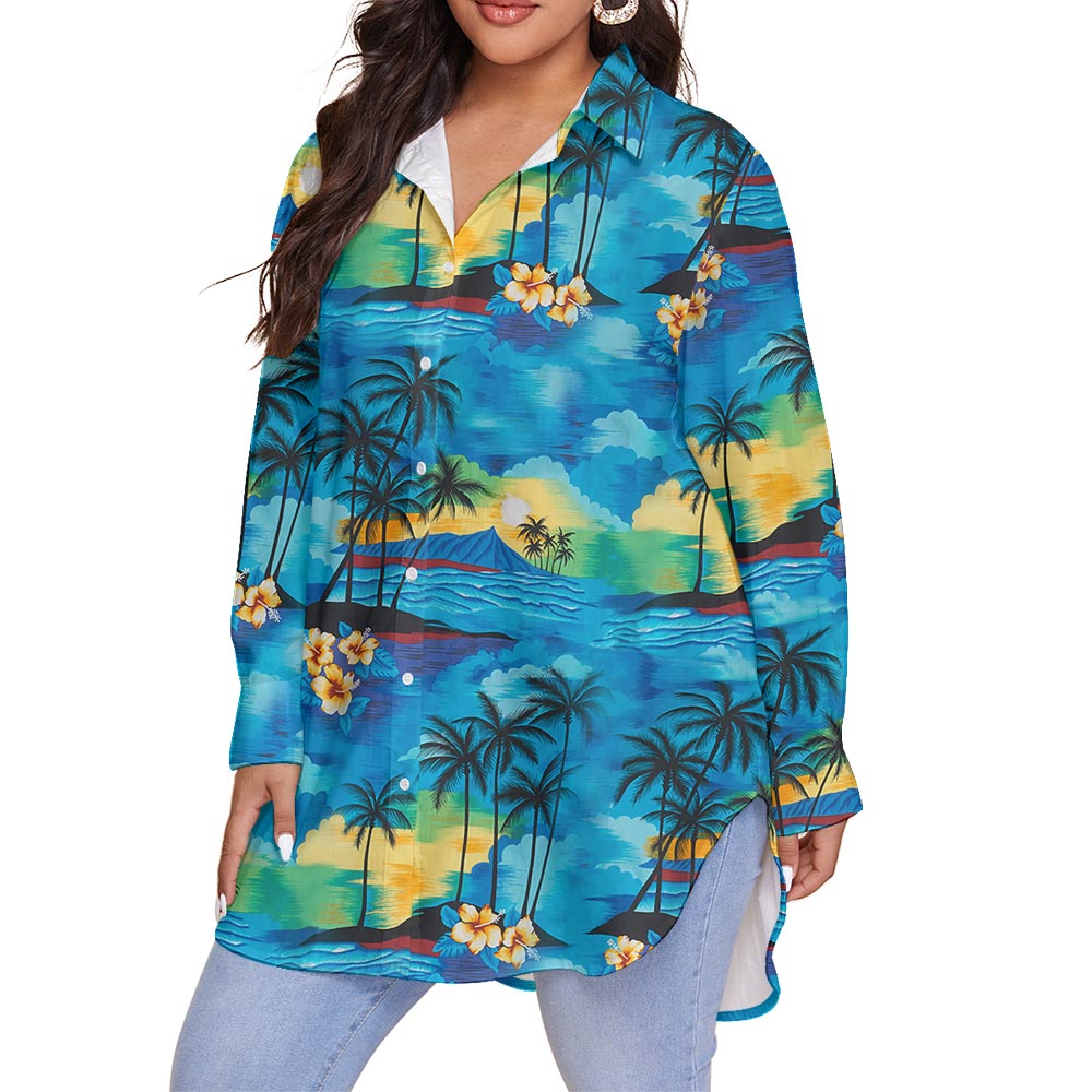 Blue Beach Palm Tree Plus Size Hawaiian Shirt For Women