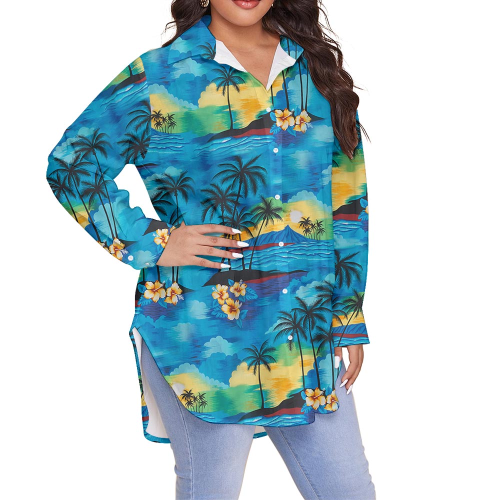 Blue Beach Palm Tree Plus Size Hawaiian Shirt For Women