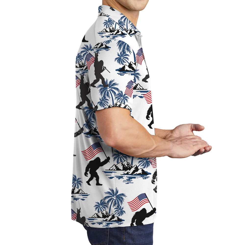 Bigfoot American Flag Patriotic Palm Trees Hawaiian Polo Shirt
