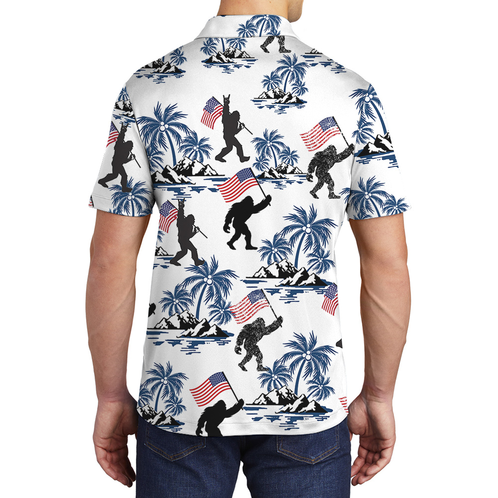 Bigfoot American Flag Patriotic Palm Trees Hawaiian Polo Shirt