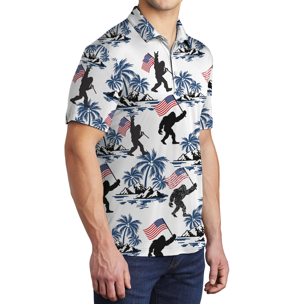 Bigfoot American Flag Patriotic Palm Trees Hawaiian Polo Shirt